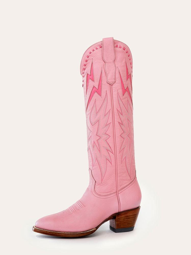 Pink Inlay Lightning Stitch Knee High Boots Slip-On Round Cowgirl Heeled Boots