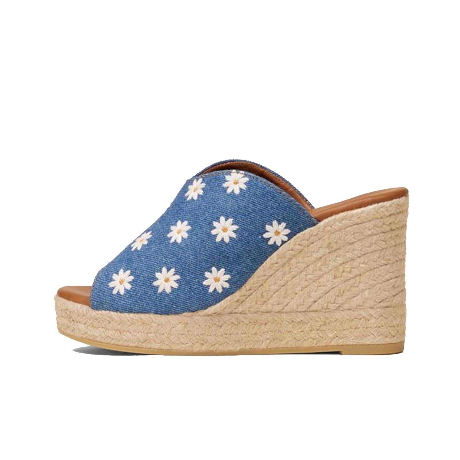 Denim Blue Daisy Embroidered Round Single Band Backless Slp-On Raffia Wdege Espadrilles Sandals