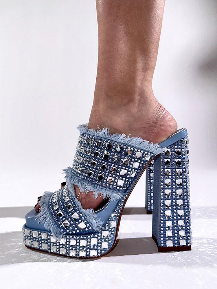 Square Rhinestones Frayed Open-toe Slip-on Denim Double Platform Sandals