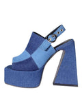 Splice Blue Denim Square-toe Chunky High Heel Fashion Platform Sandals With Buckle Adjustable-strap