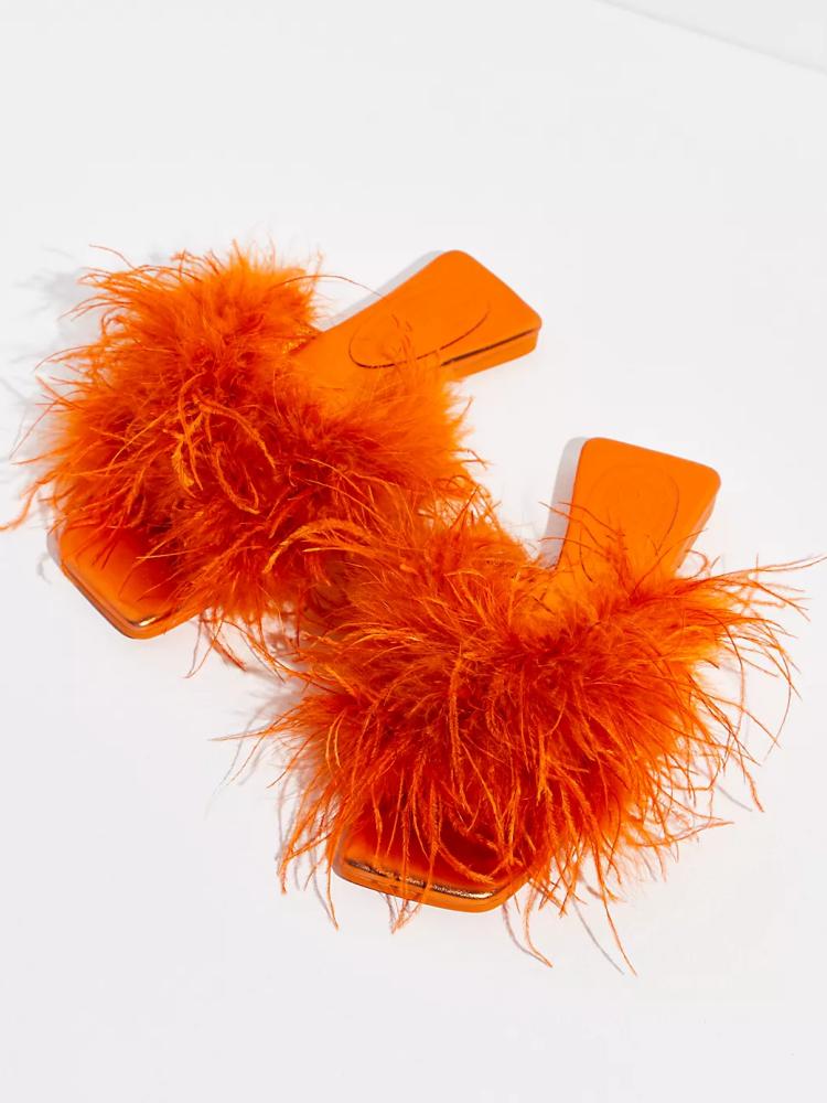 Fluffy Feather Single Band Square Toe Flat Slippers