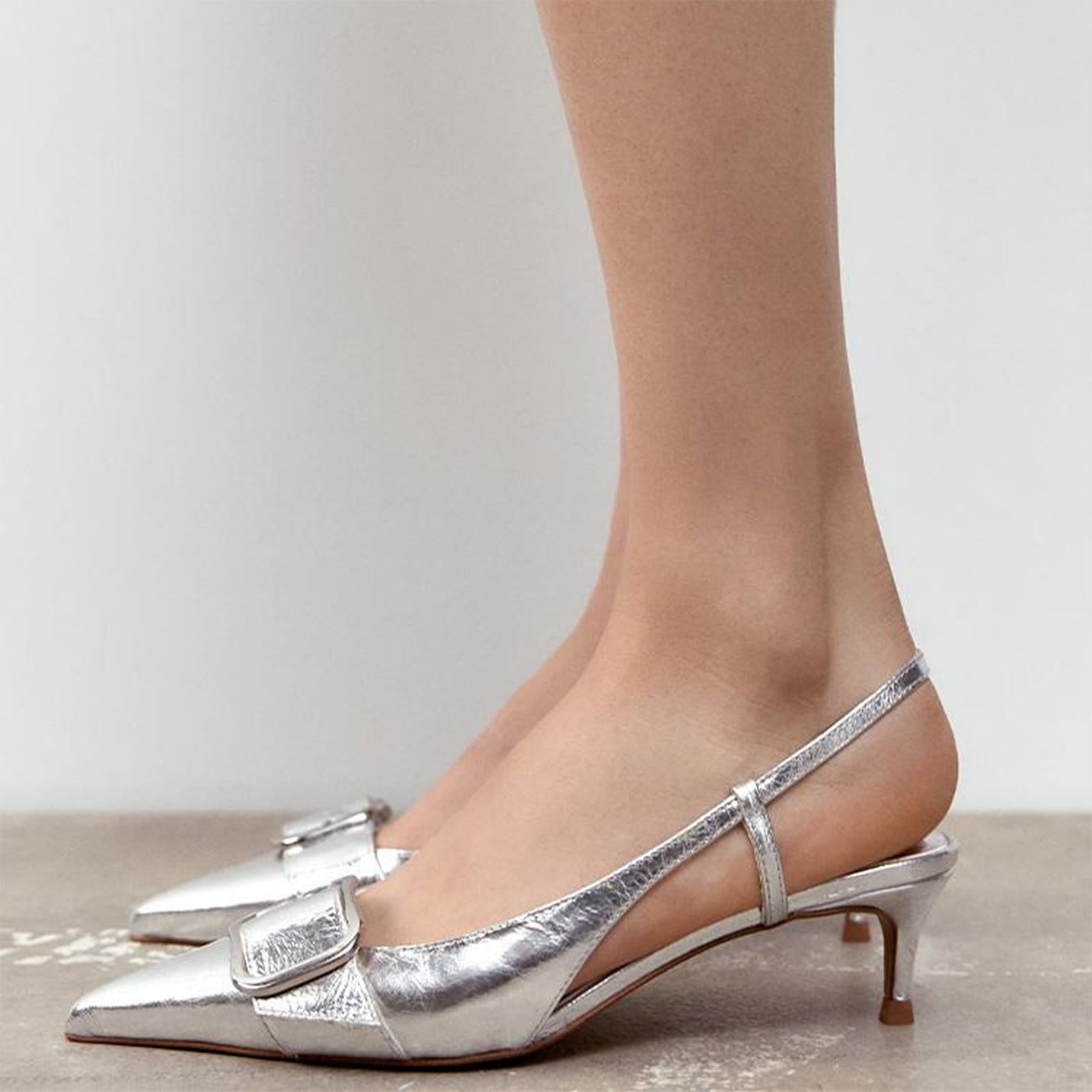 Metallic Silver Buckle Detail Slingback Pumps With Pointy Toe Kitten Heel