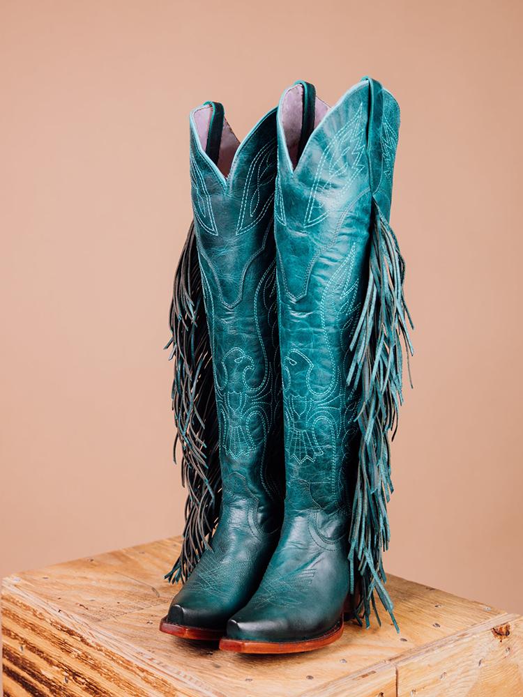 Eagle Wing Embroidered Fringe Snip Zip Knee High Western Boots