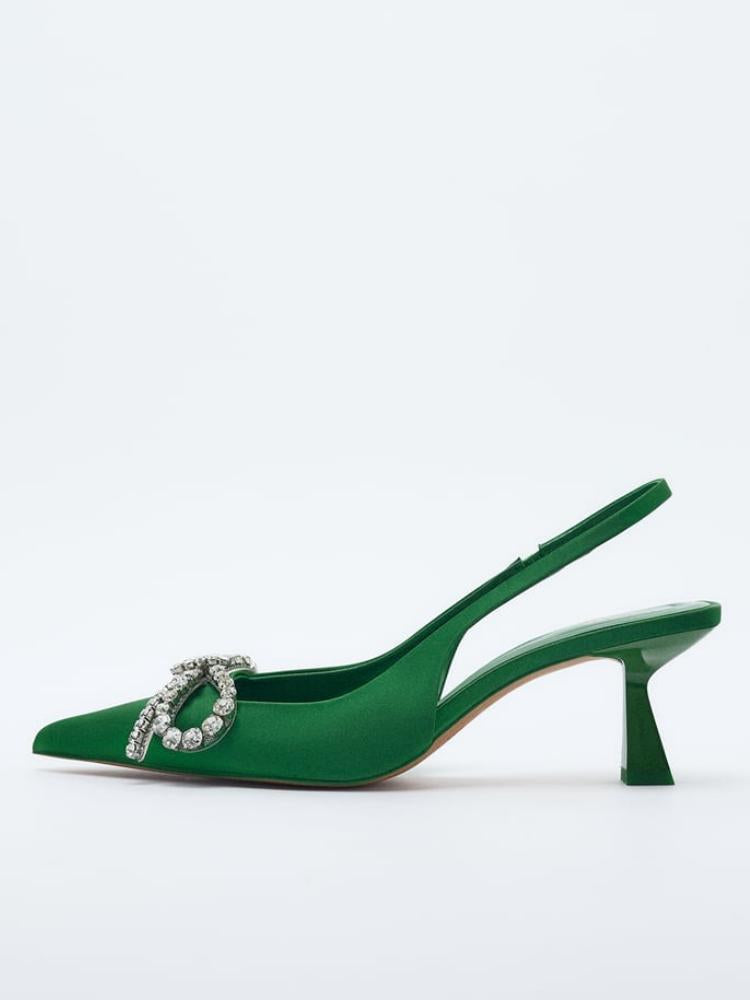 Green Rhinestone Embellished Bow Slingback Silk Flared-Heeled Pointed-Toe Pumps