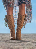 Faux Suede Fringed Pointed-toe Slip-on MId-Calf Women Western Boots With Jewels