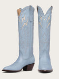 Light Blue Inlay White Lightning Knee High Boots Stitch Slip-On Round Cowgirl Heeled Boots