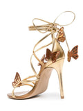 Butterfly Gold Metallic Bright Lace-Up Stiletto-Heel Pointed-Toe Sandals