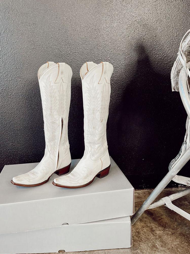 Embroidered Zip Snip Knee High Western Boots - Distressed White & Metallic Silver