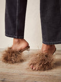 Fluffy Feather Round Toe Backless Slip-On Clear Heeled Sandals In Tan Blue Orange