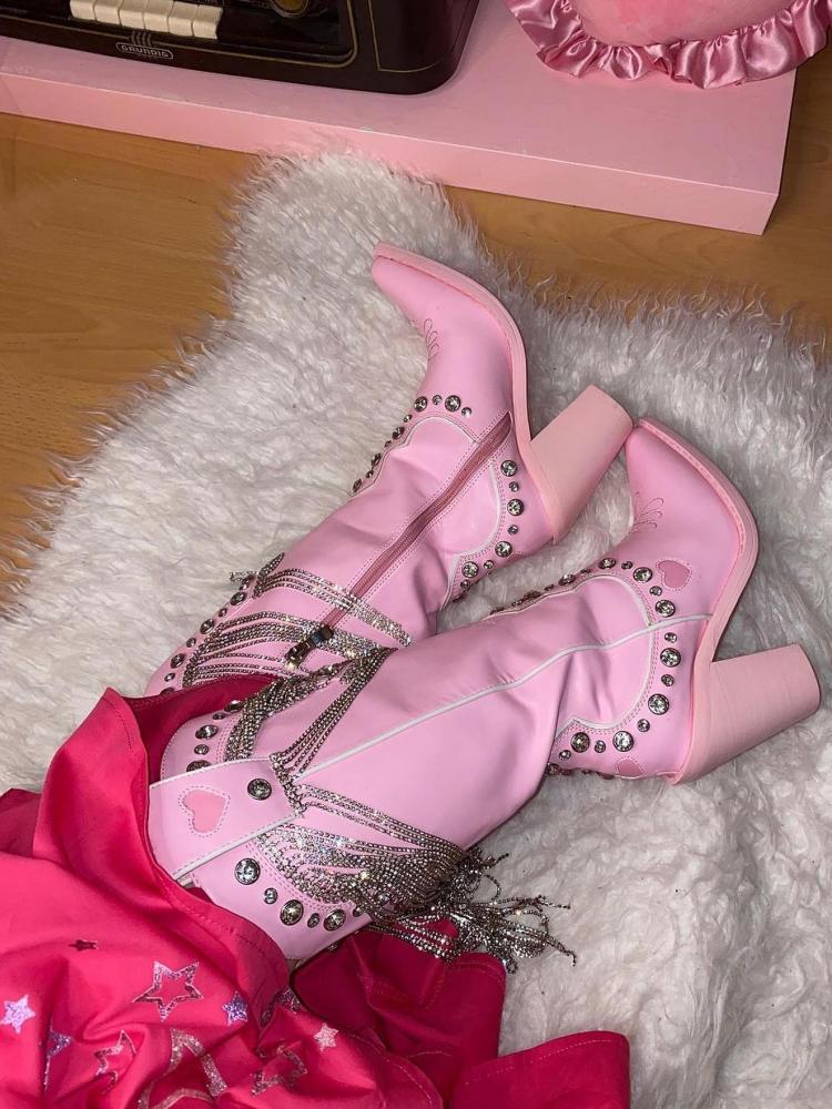 Pink Sparkly Rhinestone Fringe Cute Boots Heart Stitch Zip Pointy Mid-Calf Cowgirl Tall Boots