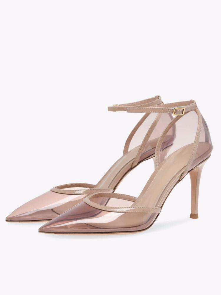 Nude Pink Clear Ankle Strap Buckle Pumps For Women