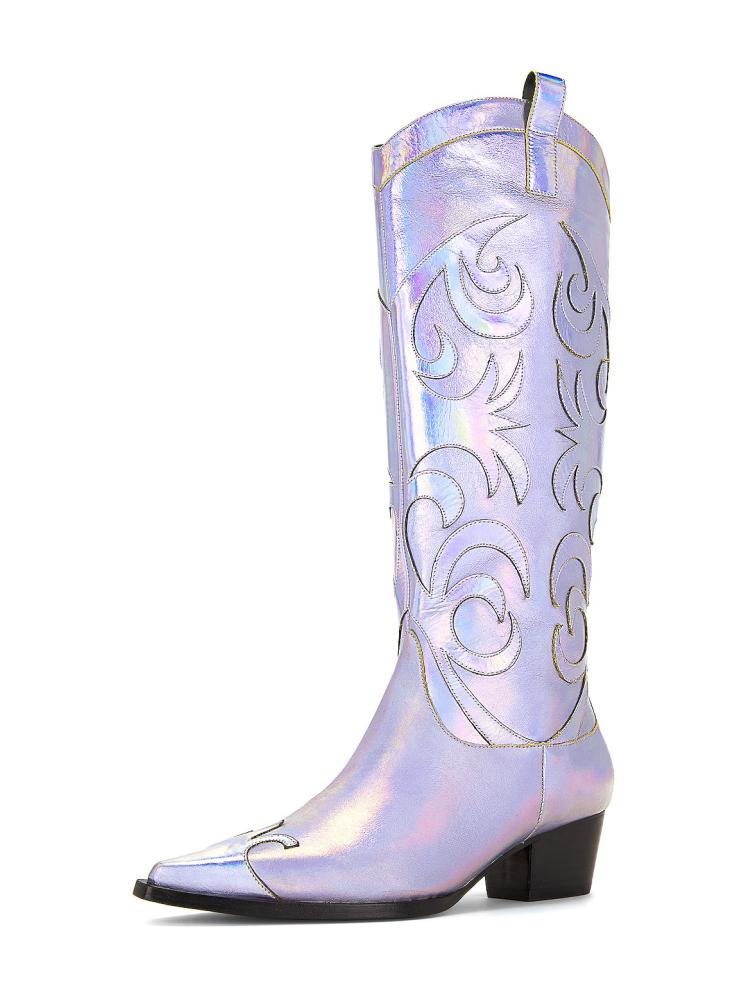 Iridescent Purple Applique Pointy Wide Mid Calf Cowgirl Tall Boots