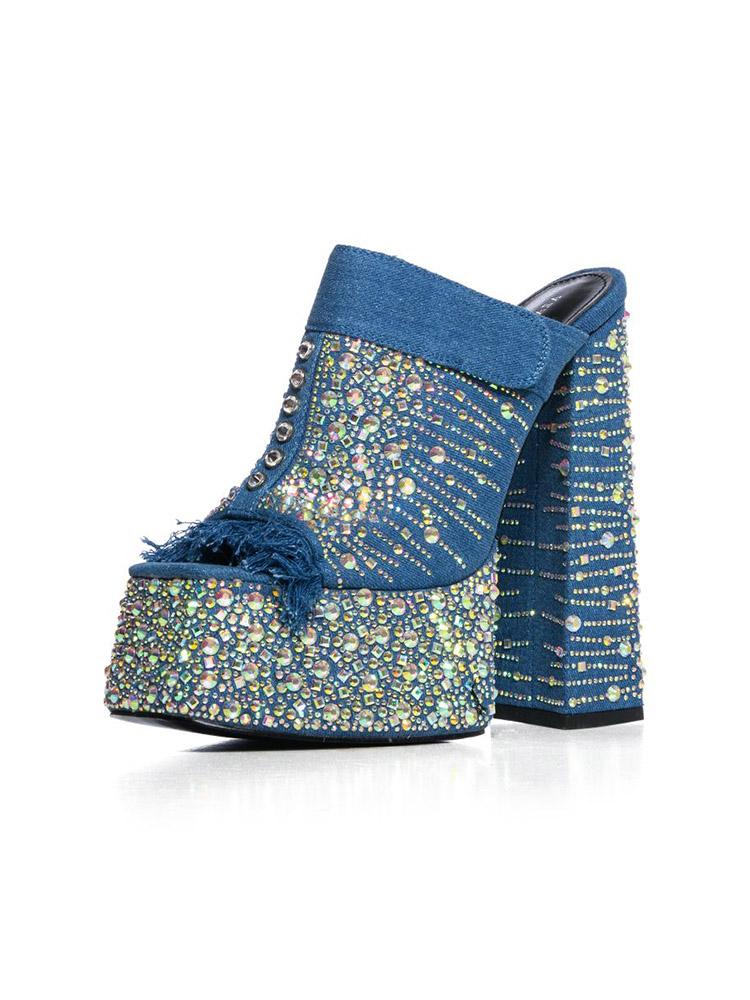 Iridescent Rhinestones Frayed Open-toe Slip-on Denim Platform Sandals