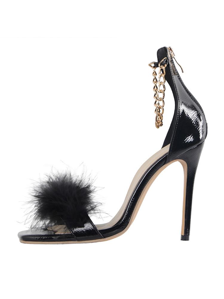 Fluffy Single Band Square-toe Zip Stiletto Heel Sandals With Metal Chains