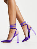 Purple Transparent Ankle Strap Buckle Pumps Pointy Block Heeled Lace-Up Gladiator