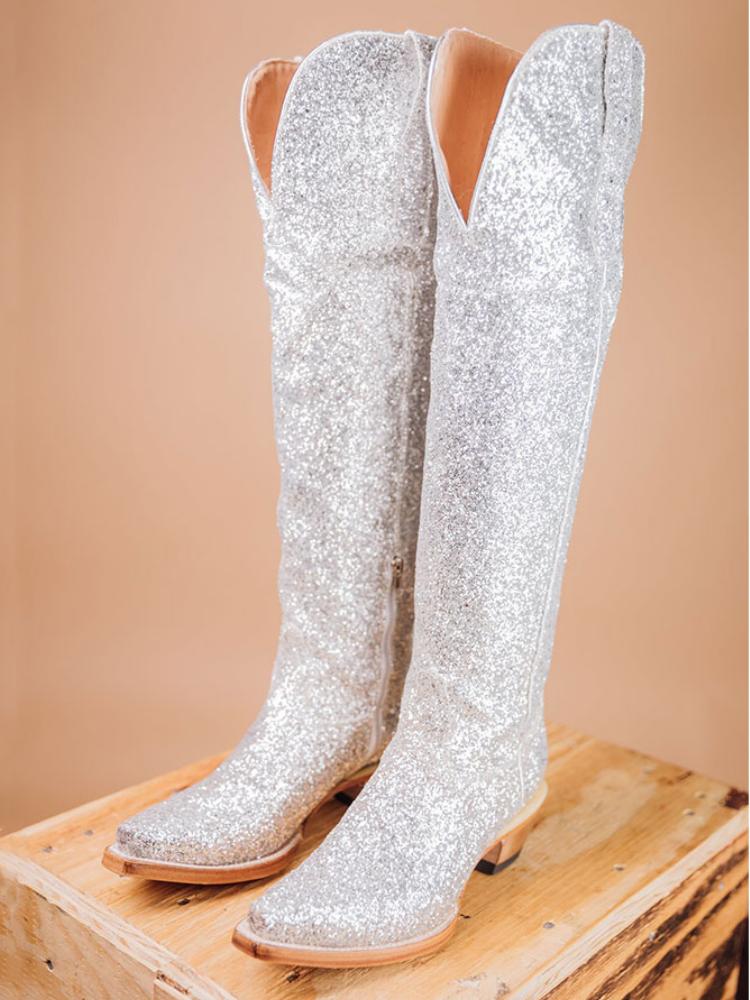 Glitter Snip Zipper Mid Calf Cowgirl Boots - Silver & Gold