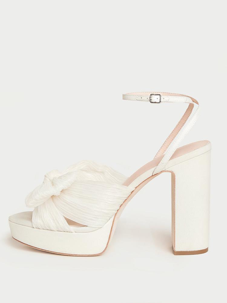 Pleated Bow Round Block Heeled Platform Sandals For Wide Feet - Metallic Silver & White