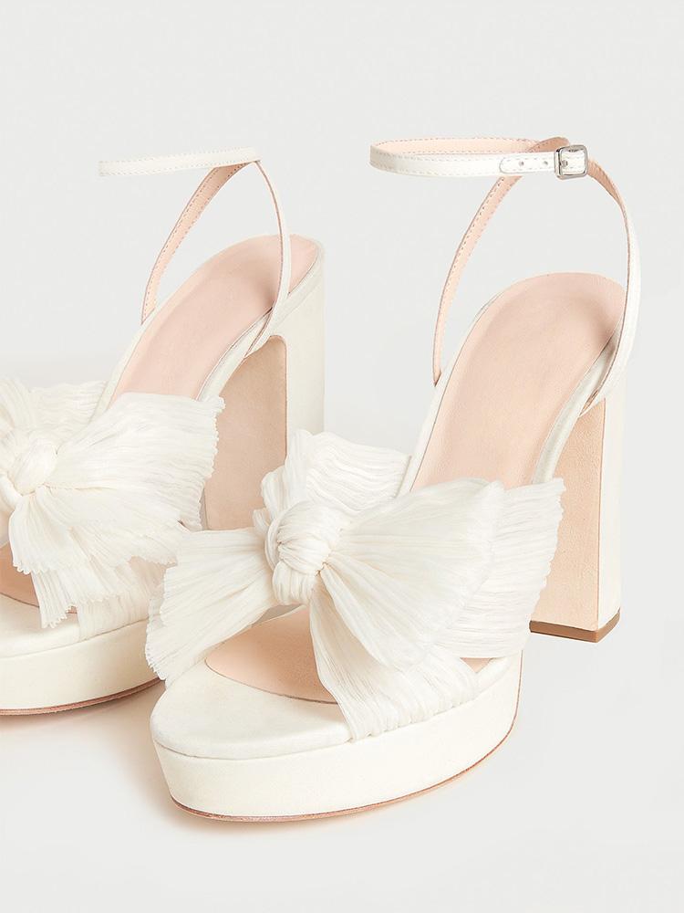 Pleated Bow Round Block Heeled Platform Sandals For Wide Feet - Metallic Silver & White