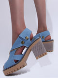 Denim Peep-toe Zip Thick Bottom Chunky High Heel Sandals With Buckles