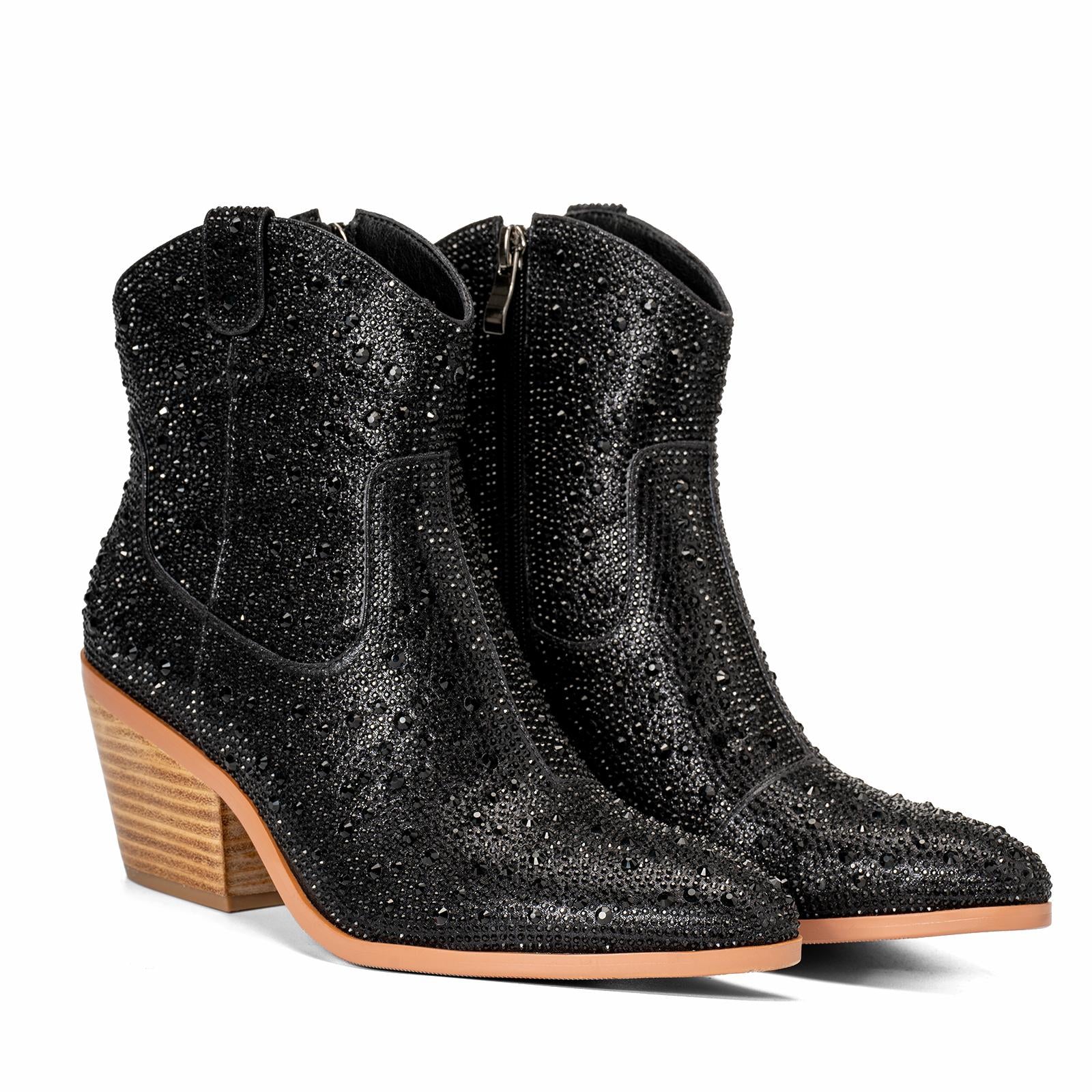 Black Rhinestone Cowgirl Ankle Boots Block Heeled Western Booties