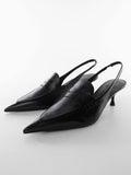 Black Pointed Toe Slingback Pumps With Elastic Strap Kitten Heel