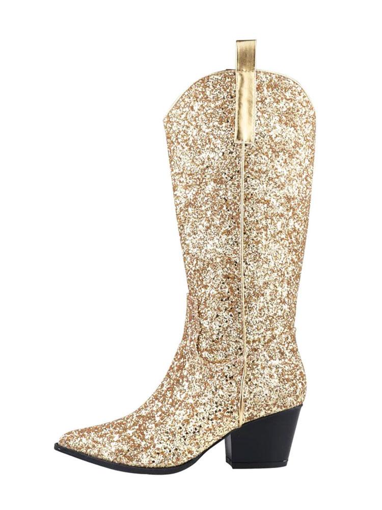 Glitter Zipper Pointy Mid Calf Cowgirl Boots In Gold Silver Black