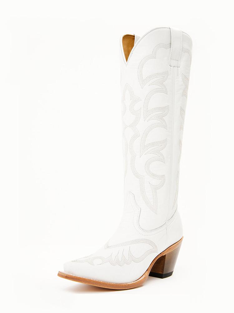 White Embroidered Pointed-toe Slip-on Wide Mid-Calf Western Boots With Chunky Heel