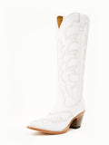 White Embroidered Pointed-toe Slip-on Wide Mid-Calf Western Boots With Chunky Heel