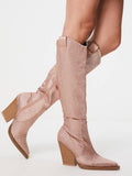 Pink Rhinestones Zipper Knee High Western Boots High Block Heeled Cowgirl Boots