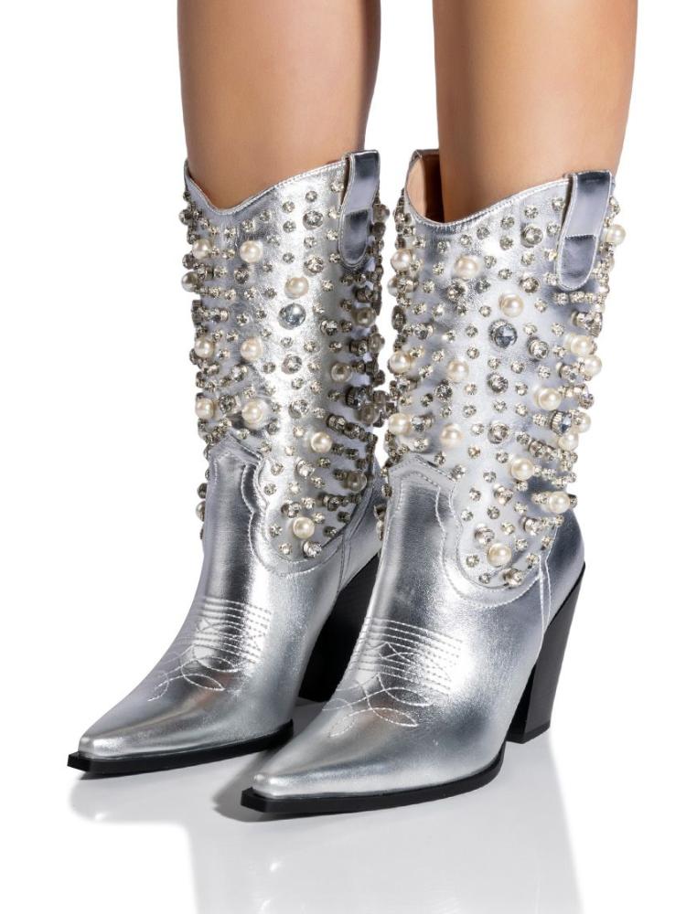 Metallic Silver Pearl Rhinestone Embroidered Snip Toe High Heeled Cowgirl Mid Calf Boots