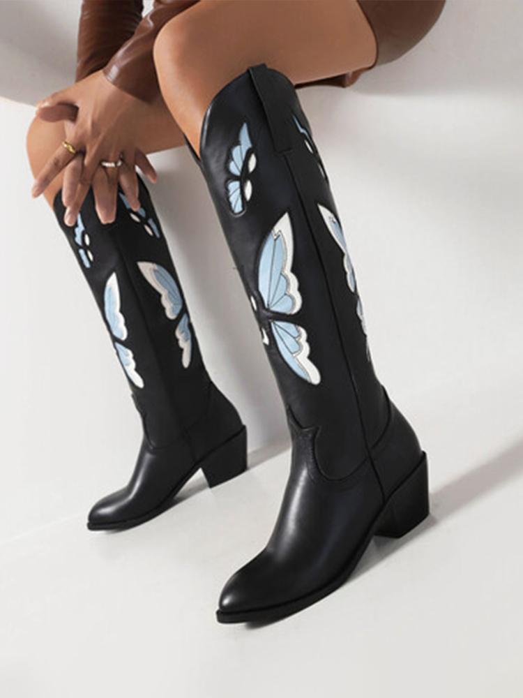 Butterfly Embroidery Pointed-toe Chunky Heels Wide Slip-on Knee High Cowgirl Boots