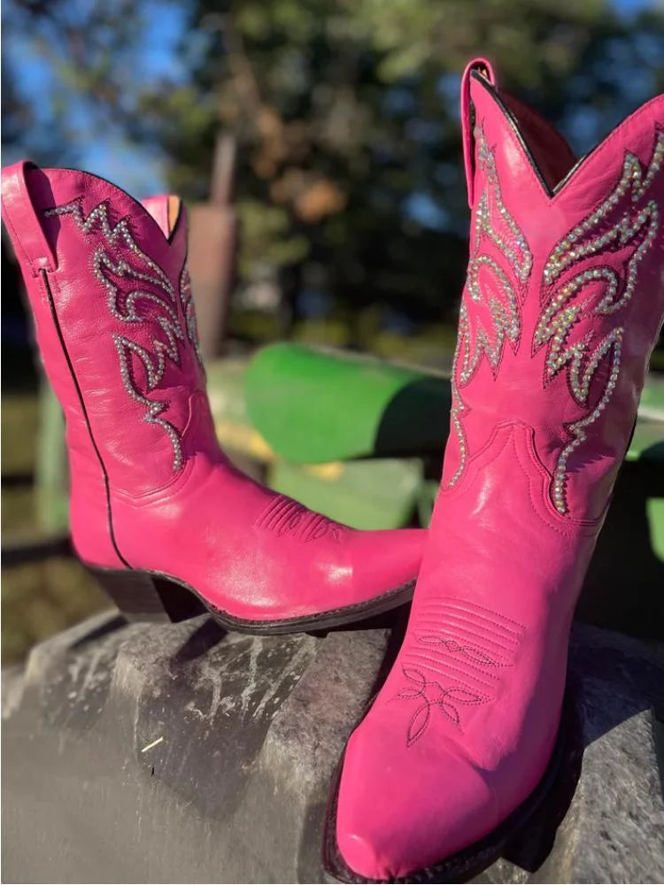 Pink Rhinestone Snip Toe Slanted Heel Cowgirl Mid Calf Boots