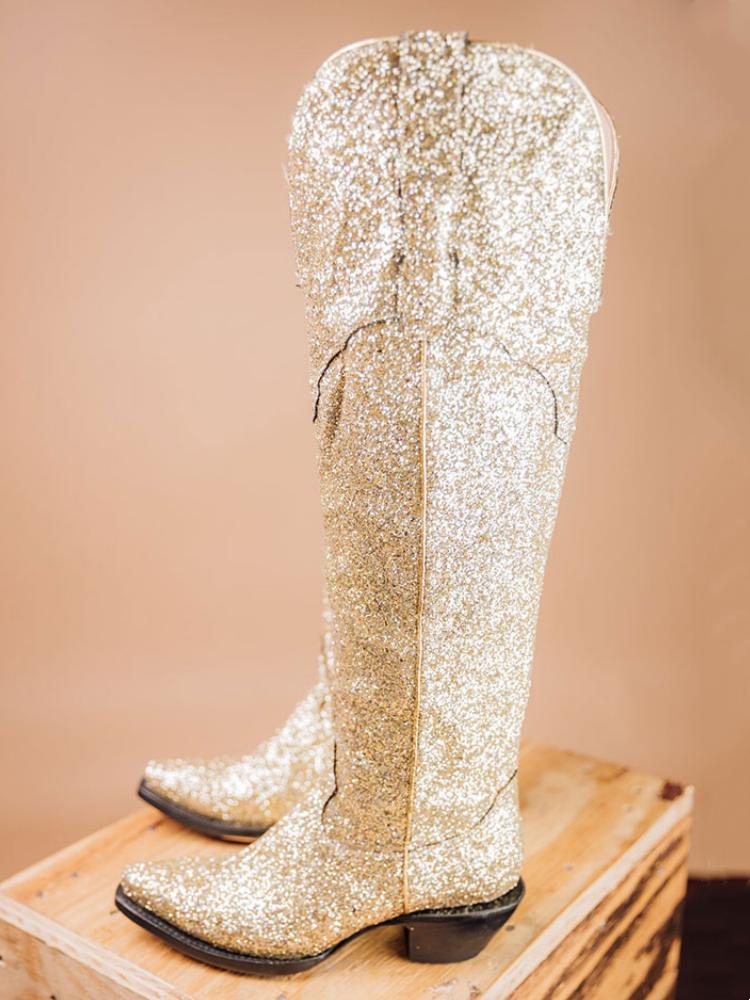 Glitter Snip Zipper Mid Calf Cowgirl Boots - Silver & Gold