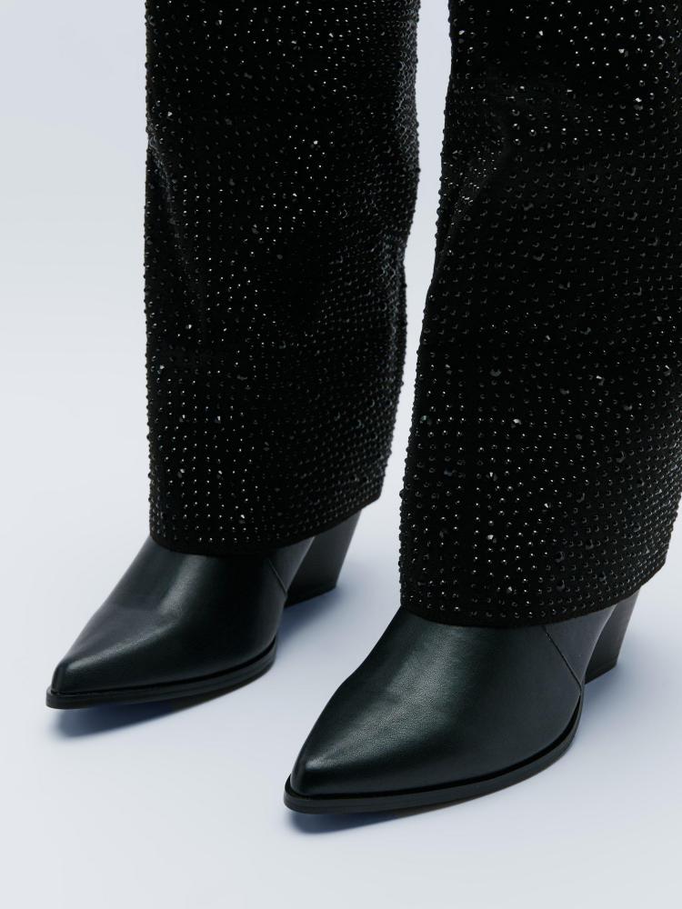 Black Rhinestone Fold-Over Cowgirl Knee-High Boots Wide Calf Block High Heel Western Boots