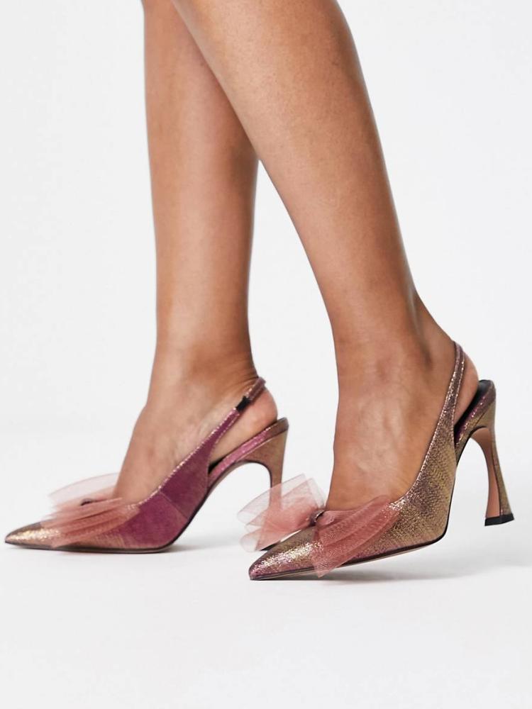 Ombre Bow Wide Fit Pointy Slingback Pumps With Flared Heel In Pink And Gold Shimmer