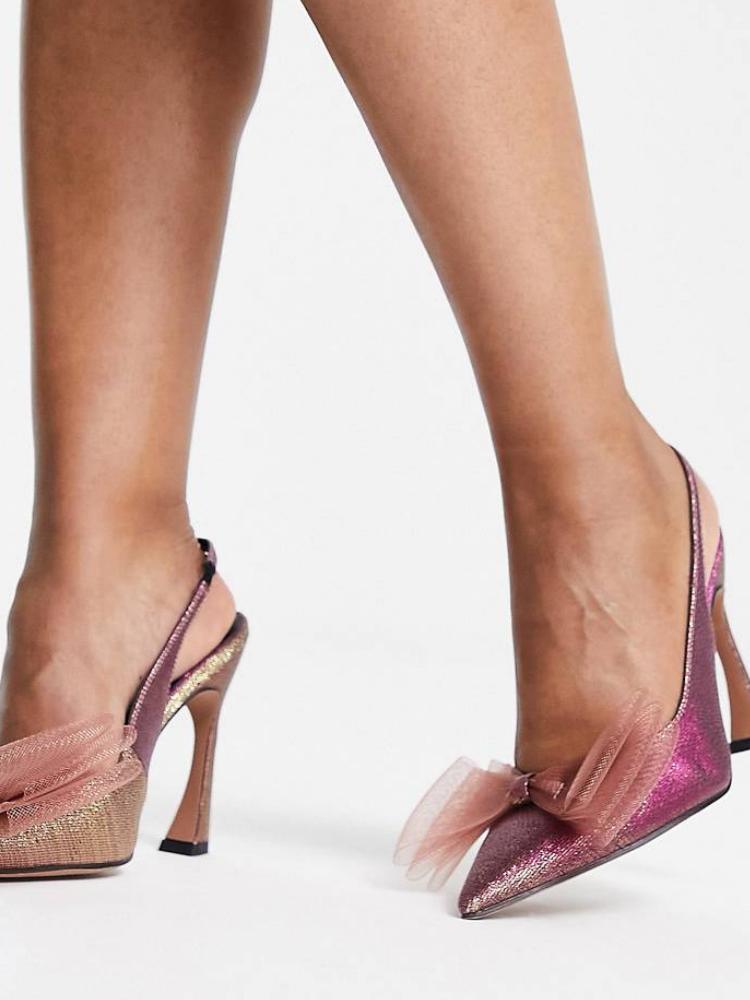 Ombre Bow Wide Fit Pointy Slingback Pumps With Flared Heel In Pink And Gold Shimmer