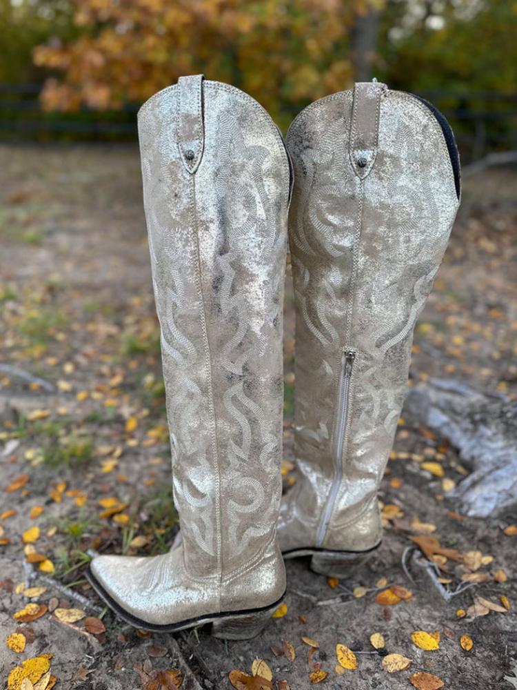 Metallic Silver Embroidered Pointy Zipper Knee High Western Boots