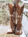 Women Mid Calf Cowboy Boots Floral Embroidered Rhinestone Square Toe Chunky Heel Western Boots