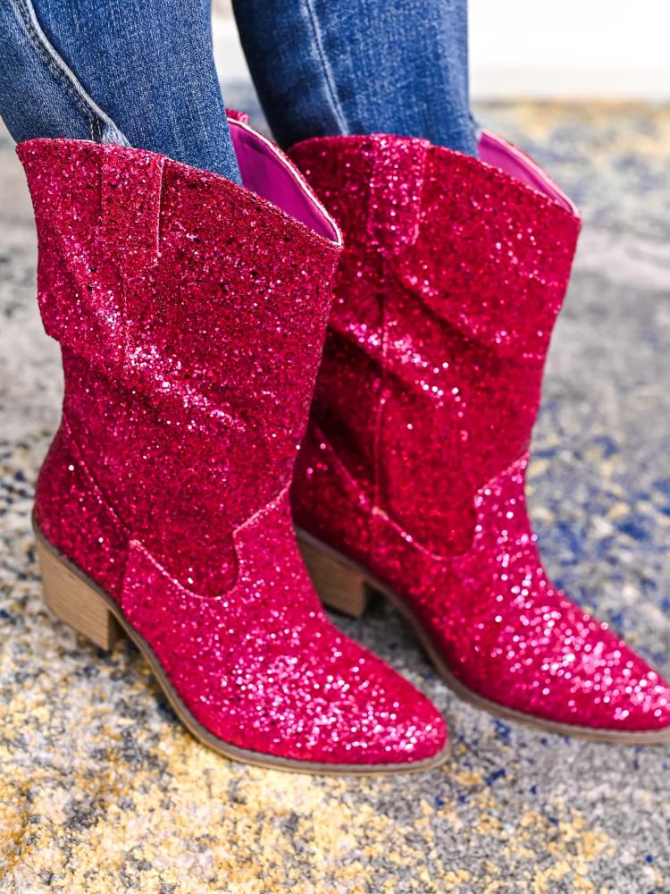 Glitter Round Toe Slanted Heel Western Cowgirl Wide Mid Calf Boots