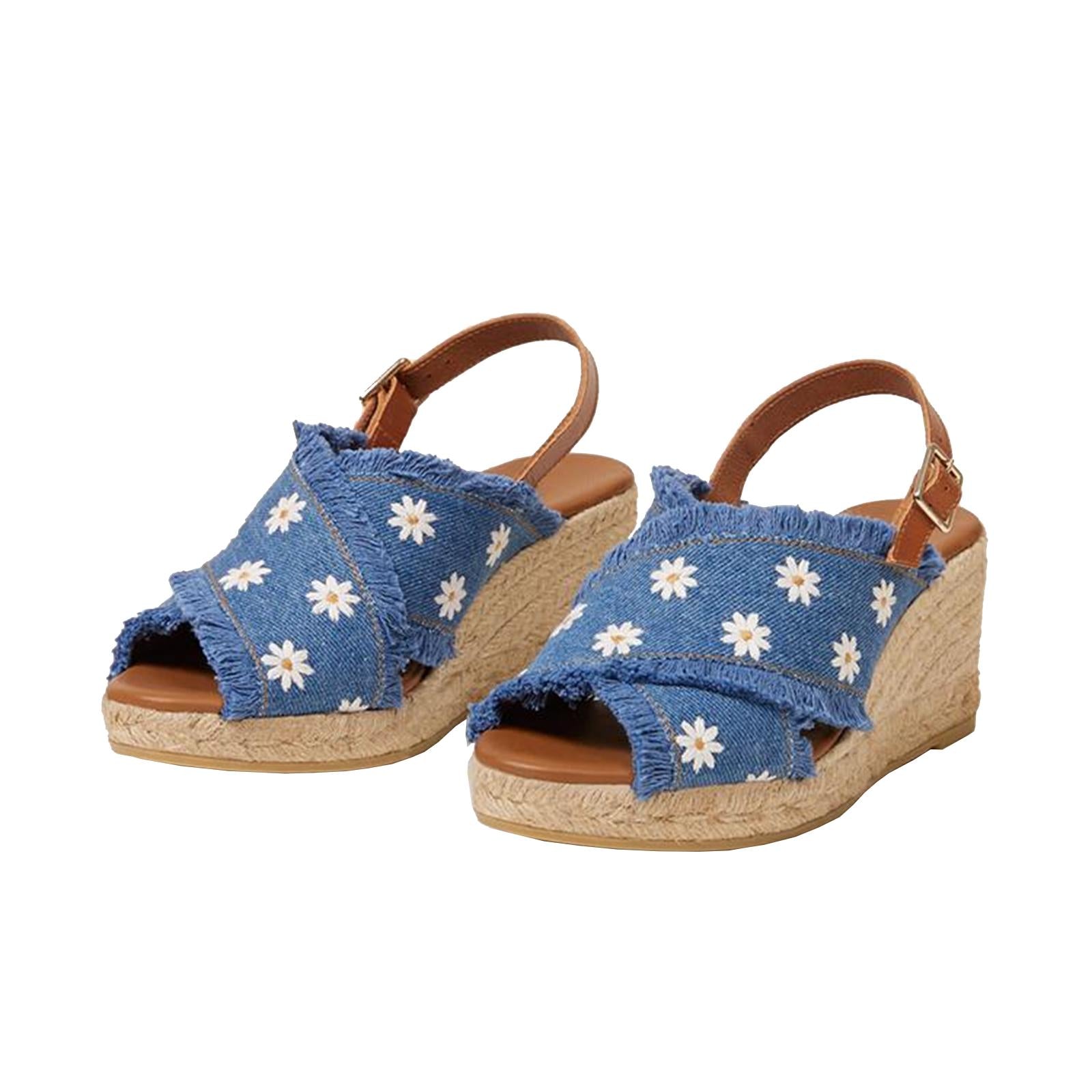 Frayed Denim Blue Daisy Embroidered Round Raffia Wdege Espadrilles Sandals Buckle Slingbacks