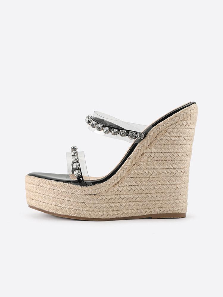 Clear Two Bands With Rhinestones Open-toe Slip-on Espadrille Wedge Sandals