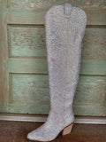 Silver Sparkly Rhinestone Round Toe Zipper Slanted Heel Western Over-Knee Tall Boots