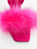 Pink Fluffy Feather Square Toe Flared Heeled Sandals Lace Up Gladiators