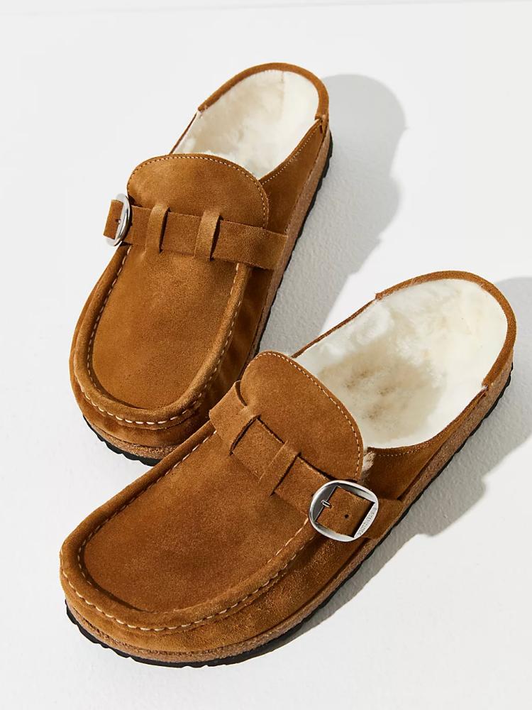 Faux Suede Shearling Lined Buckle Open-Back Cozy Flat Mules