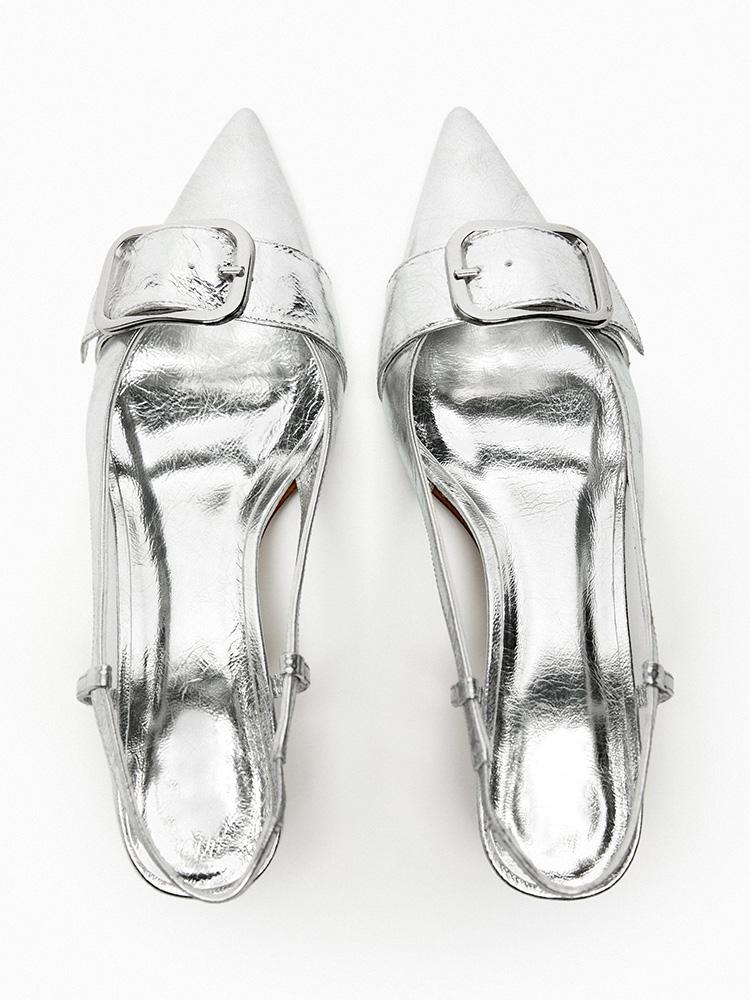 Metallic Silver Buckle Detail Slingback Pumps With Pointy Toe Kitten Heel