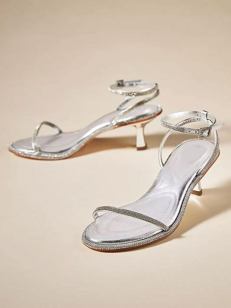 Metallic Silver Rhinestone Thin Strap Round Flared Kitten Heel Sandals With Ankle Strap