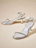 Metallic Silver Rhinestone Thin Strap Round Flared Kitten Heel Sandals With Ankle Strap