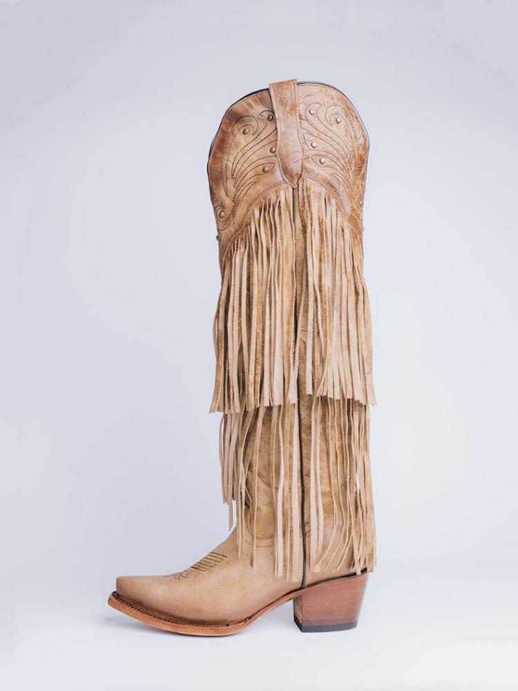 Fringe Stud Filigree Embroidered Zip Snip Cowgirl Knee High Genuine Leather Vintage Boots