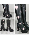 Pink Red Heart Square Toe Block Heel Gogo Platform Knee High Boots