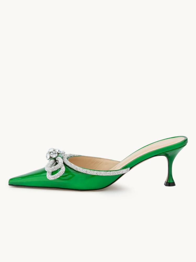 Metallic Green Rhinestone Double Bow Backless Pumps Pointed Toe Kitten Heel Mules